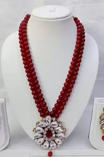 Traditional  handcrafted ethnic maroon beaded  necklace set  with gold-plated finish &  studded stones  