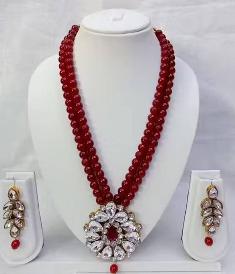 Traditional  handcrafted ethnic maroon beaded  necklace set  with gold-plated finish &  studded stones  