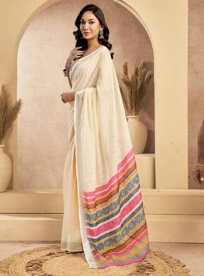 Cream linen self weaved printed ready to wear saree with pocket 2