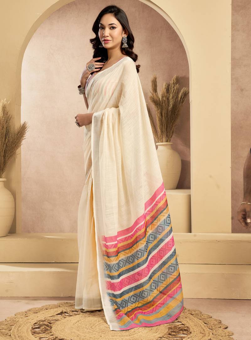 Cream linen self weaved printed ready to wear saree with pocket