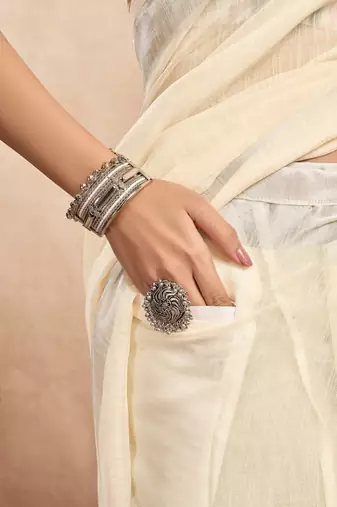 Cream linen self weaved printed ready to wear saree with pocket