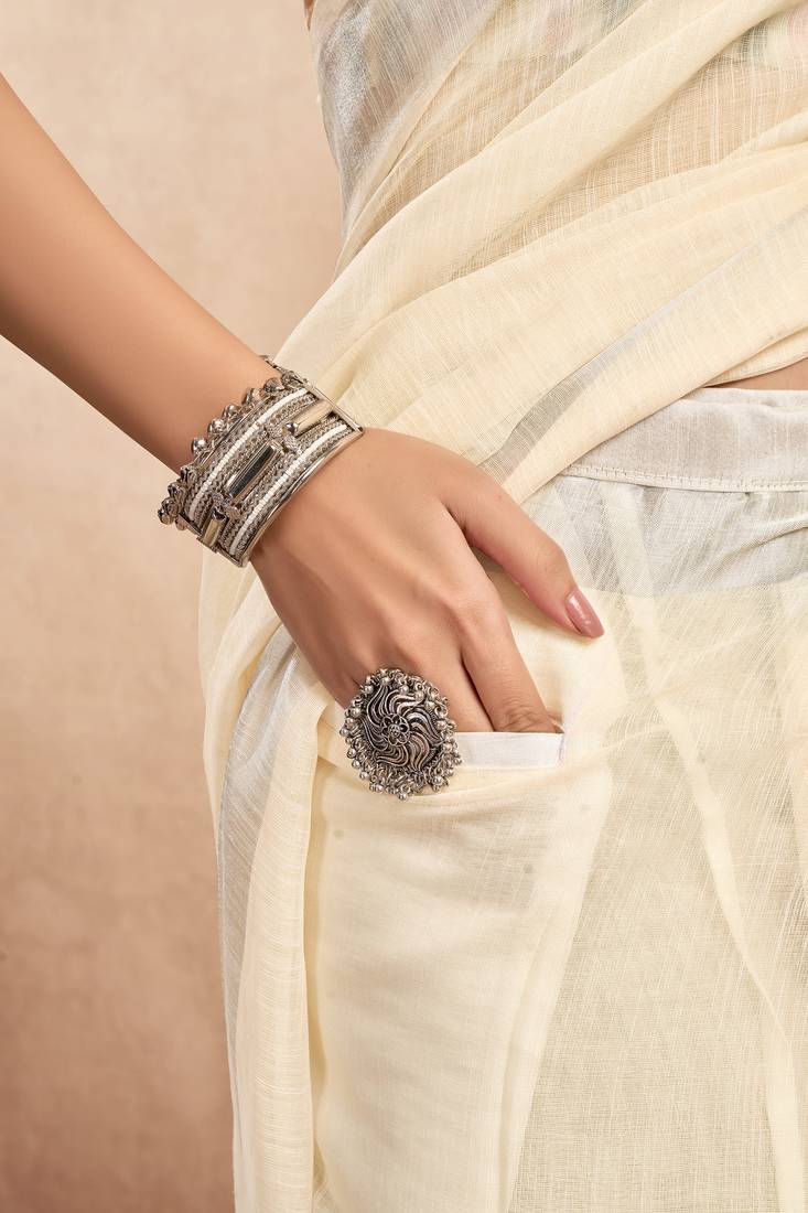 Cream linen self weaved printed ready to wear saree with pocket