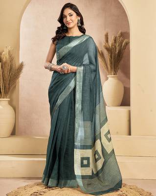 Dark grey linen self weaved printed ready to wear saree with pocket 1