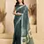 Dark grey linen self weaved printed ready to wear saree with pocket