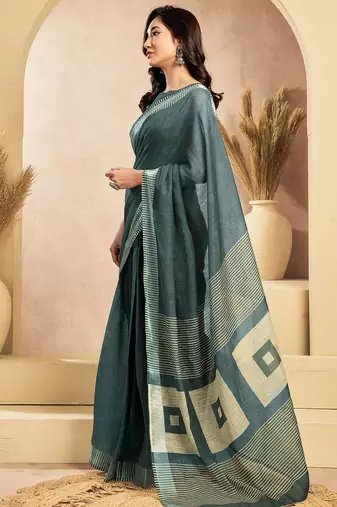 Dark grey linen self weaved printed ready to wear saree with pocket