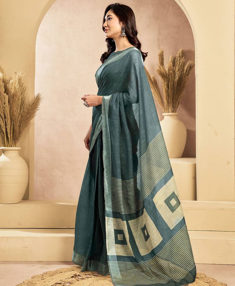 Dark grey linen self weaved printed ready to wear saree with pocket