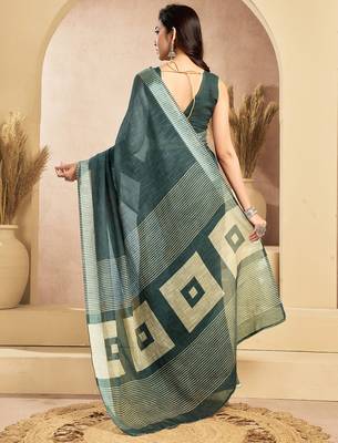 Dark grey linen self weaved printed ready to wear saree with pocket 3