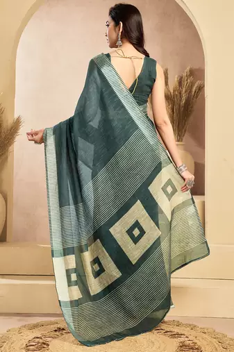 Dark grey linen self weaved printed ready to wear saree with pocket