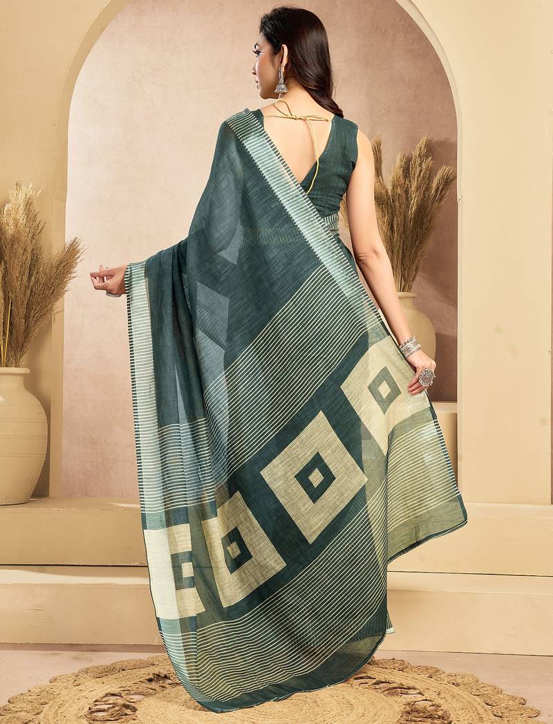 Dark grey linen self weaved printed ready to wear saree with pocket