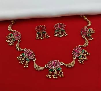 Lotus design gold-plated traditional Necklace :: set for women & girls     ethnic enamel choker with earrings 1