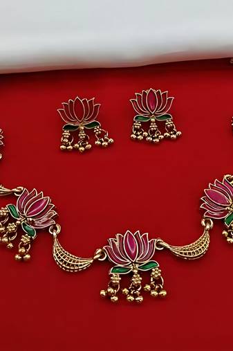 Lotus design gold-plated traditional necklace set for women & girls     ethnic enamel choker with earrings