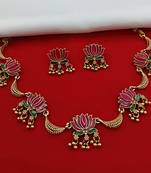 Lotus design gold-plated traditional necklace set for women & girls     ethnic enamel choker with earrings