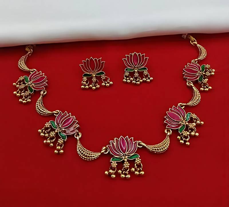 Lotus design gold-plated traditional necklace set for women & girls     ethnic enamel choker with earrings
