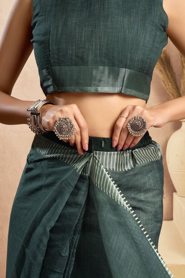 Dark grey linen self weaved printed ready to wear saree with pocket