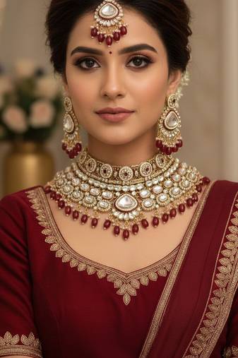 Maroon kundan bridal jewelry set gold plated wedding choker indian dulhan set with nath & tikka bollywood ethnic jewelry