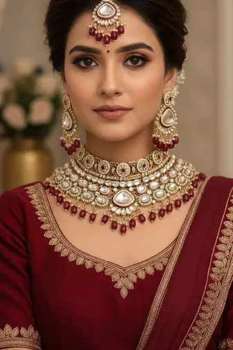 Maroon kundan bridal jewelry set gold plated wedding choker indian dulhan set with nath & tikka bollywood ethnic jewelry