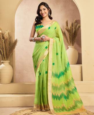 Lime green linen ikat printed ready to wear saree with pocket 1