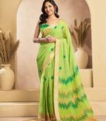 Lime green linen ikat printed ready to wear saree with pocket