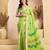 Lime green linen ikat printed ready to wear saree with pocket