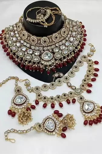 Maroon kundan bridal jewelry set gold plated wedding choker indian dulhan set with nath & tikka bollywood ethnic jewelry