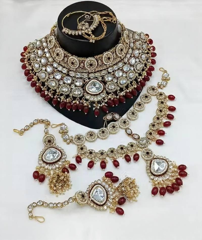 Maroon kundan bridal jewelry set gold plated wedding choker indian dulhan set with nath & tikka bollywood ethnic jewelry