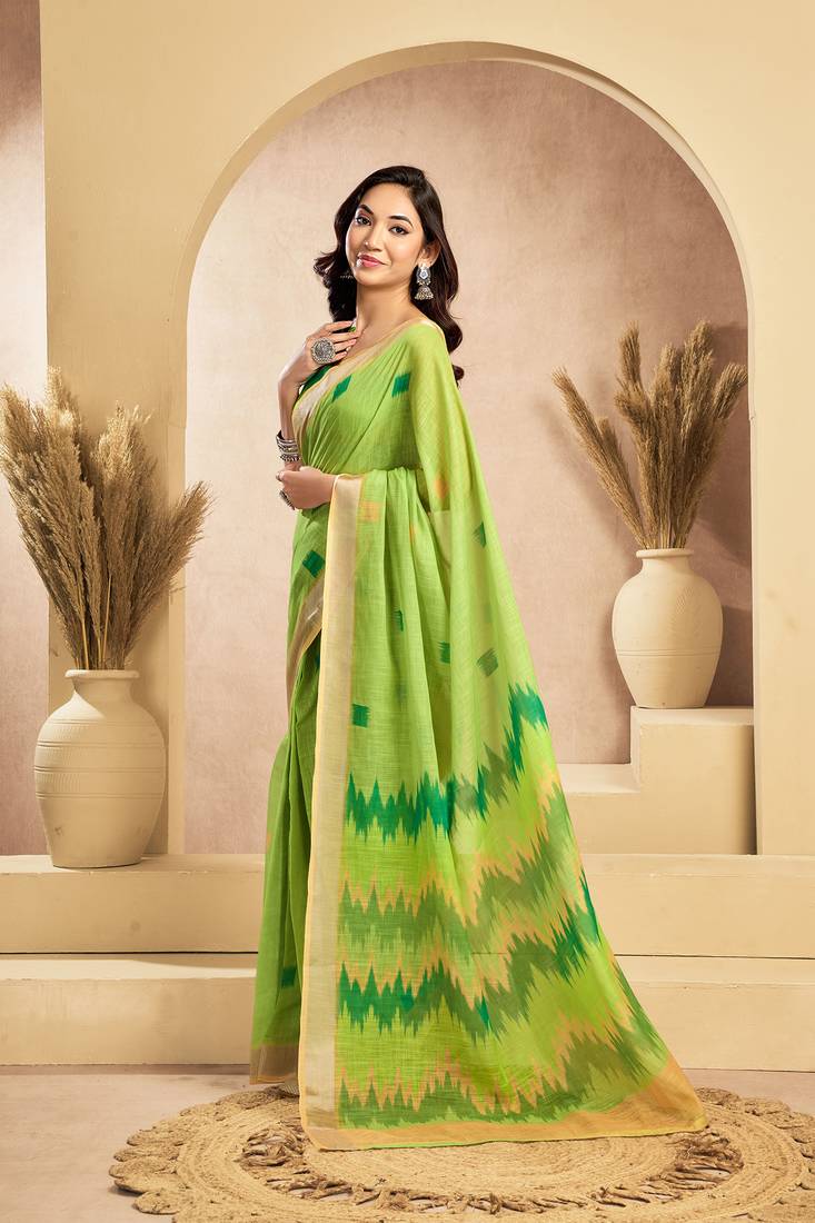 Lime green linen ikat printed ready to wear saree with pocket