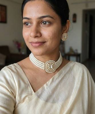 Traditional gold-plated multi-layered pearl choker Necklace :: set  & earrings indian ethnic wedding jewelry 1