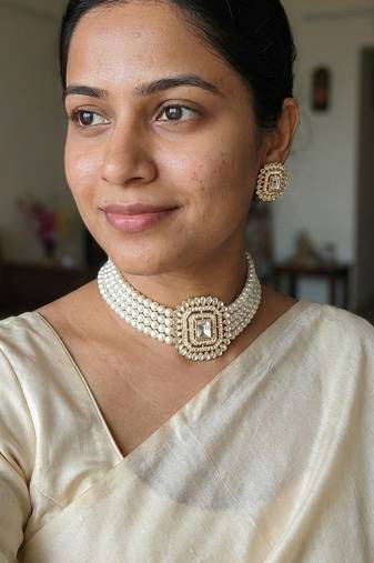 Traditional gold-plated multi-layered pearl choker necklace set  & earrings indian ethnic wedding jewelry