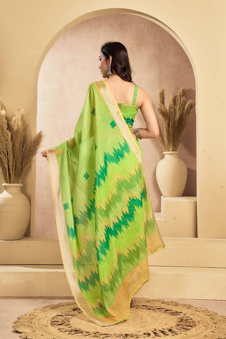 Lime green linen ikat printed ready to wear saree with pocket
