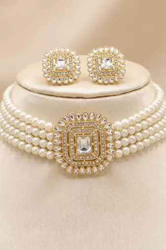 Traditional gold-plated multi-layered pearl choker Necklace :: set  & earrings indian ethnic wedding jewelry
