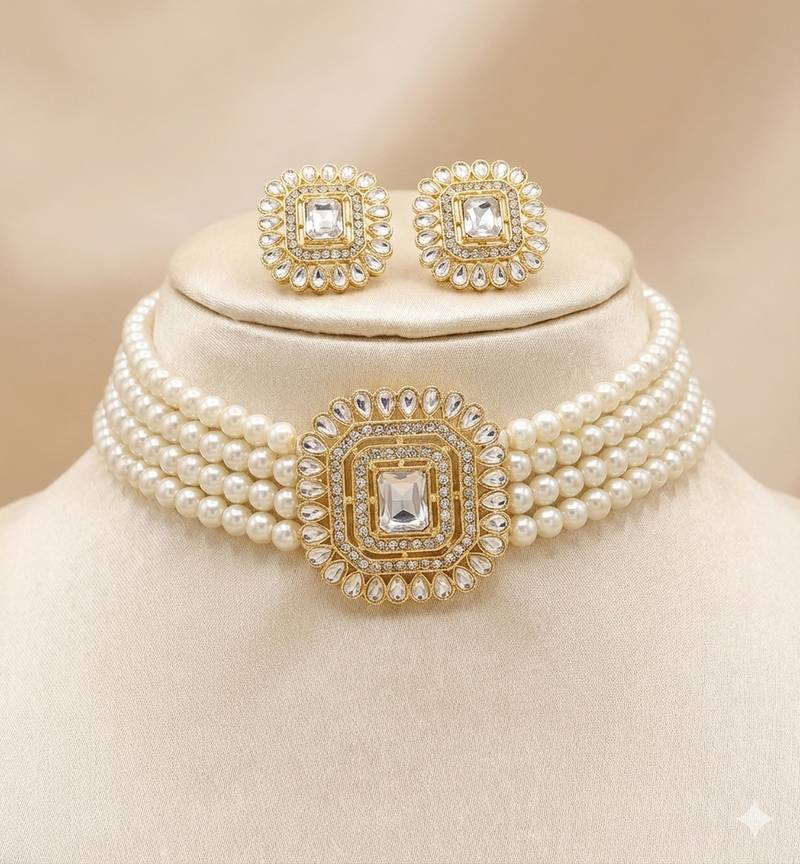 Traditional gold-plated multi-layered pearl choker necklace set  & earrings indian ethnic wedding jewelry