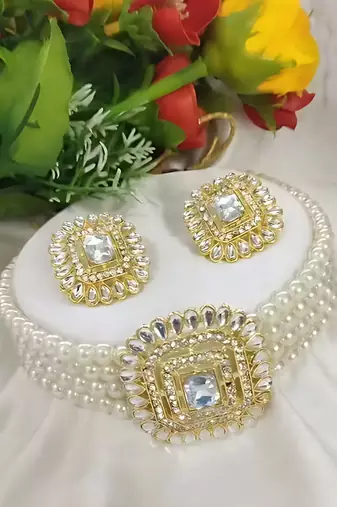 Traditional gold-plated multi-layered pearl choker Necklace :: set  & earrings indian ethnic wedding jewelry