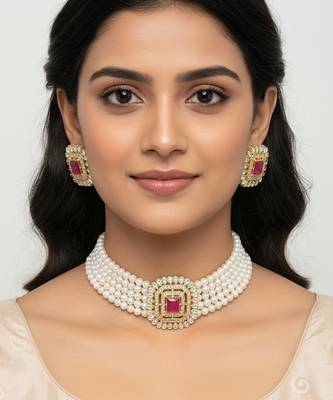 Traditional gold-plated multi-layered pearl choker Necklace :: set  & earrings indian ethnic wedding jewelry 1