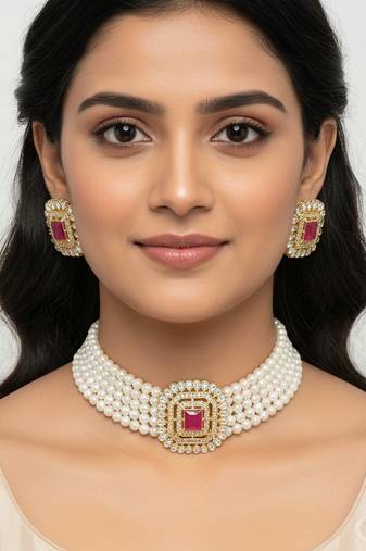 Traditional gold-plated multi-layered pearl choker necklace set  & earrings indian ethnic wedding jewelry