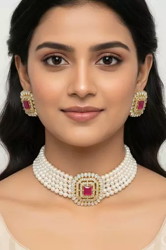 Traditional gold-plated multi-layered pearl choker necklace set  & earrings indian ethnic wedding jewelry