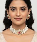 Traditional gold-plated multi-layered pearl choker necklace set  & earrings indian ethnic wedding jewelry