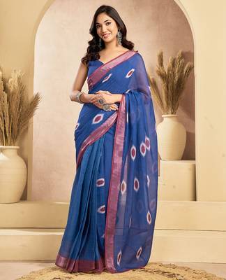 Dark blue linen motifs abstract printed ready to wear saree with pocket 1