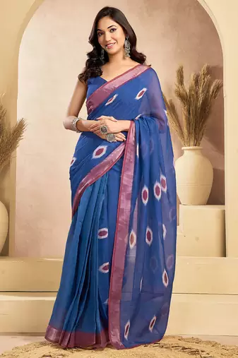Dark blue linen motifs abstract printed ready to wear saree with pocket