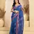 Dark blue linen motifs abstract printed ready to wear saree with pocket