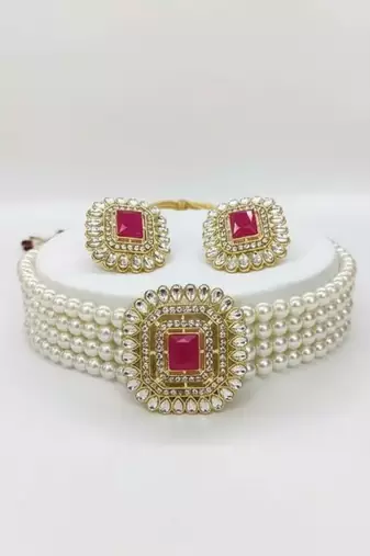 Traditional gold-plated multi-layered pearl choker Necklace :: set  & earrings indian ethnic wedding jewelry