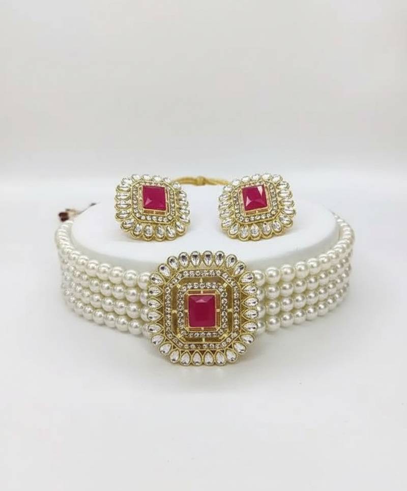 Traditional gold-plated multi-layered pearl choker necklace set  & earrings indian ethnic wedding jewelry