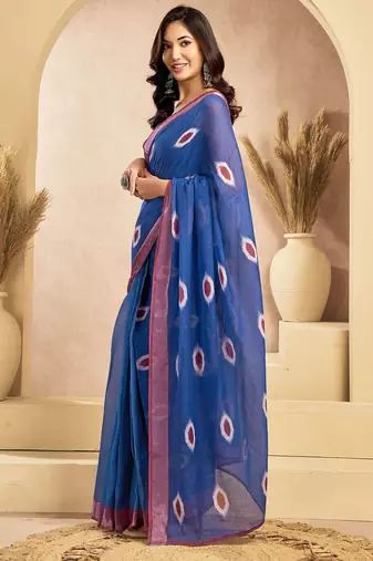 Dark blue linen motifs abstract printed ready to wear saree with pocket