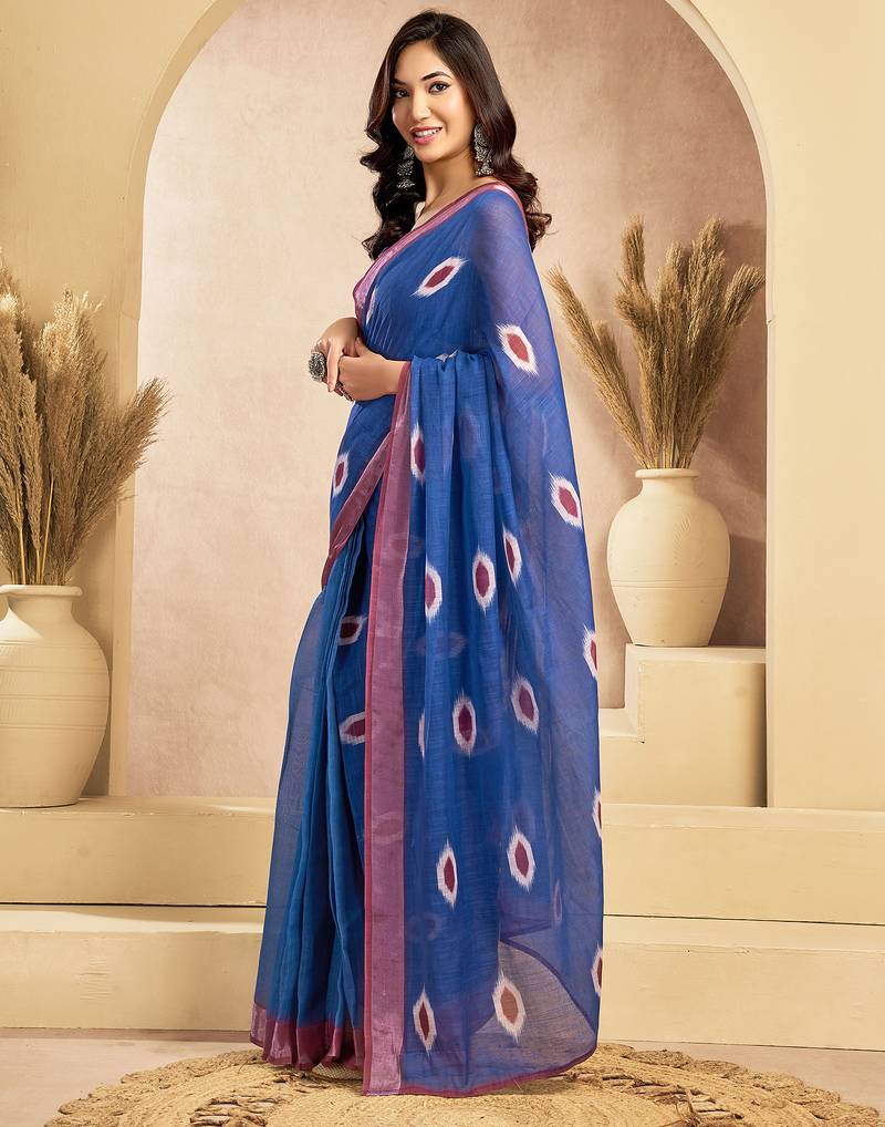 Dark blue linen motifs abstract printed ready to wear saree with pocket