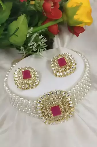 Traditional gold-plated multi-layered pearl choker Necklace :: set  & earrings indian ethnic wedding jewelry