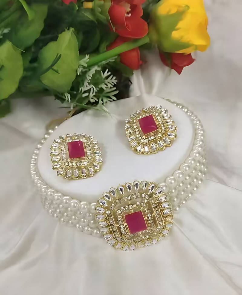Traditional gold-plated multi-layered pearl choker necklace set  & earrings indian ethnic wedding jewelry