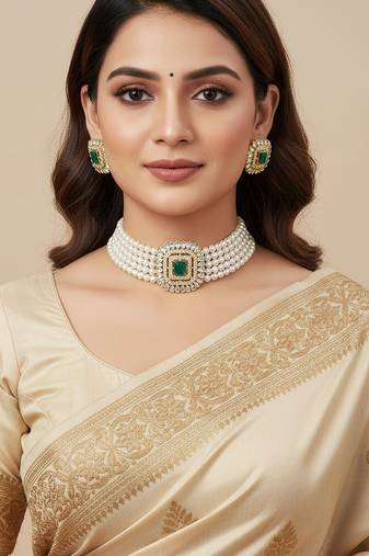 Traditional gold-plated multi-layered pearl choker necklace set  & earrings indian ethnic wedding jewelry