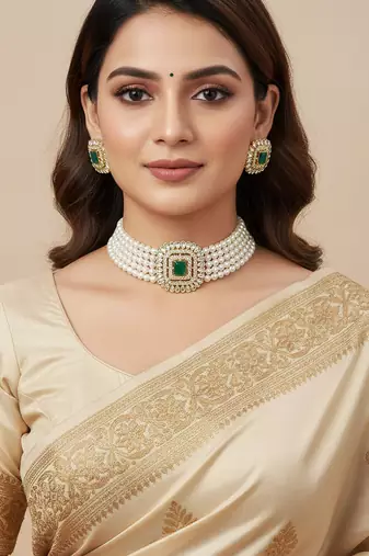 Traditional gold-plated multi-layered pearl choker necklace set  & earrings indian ethnic wedding jewelry