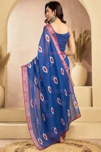 Dark blue linen motifs abstract printed ready to wear saree with pocket