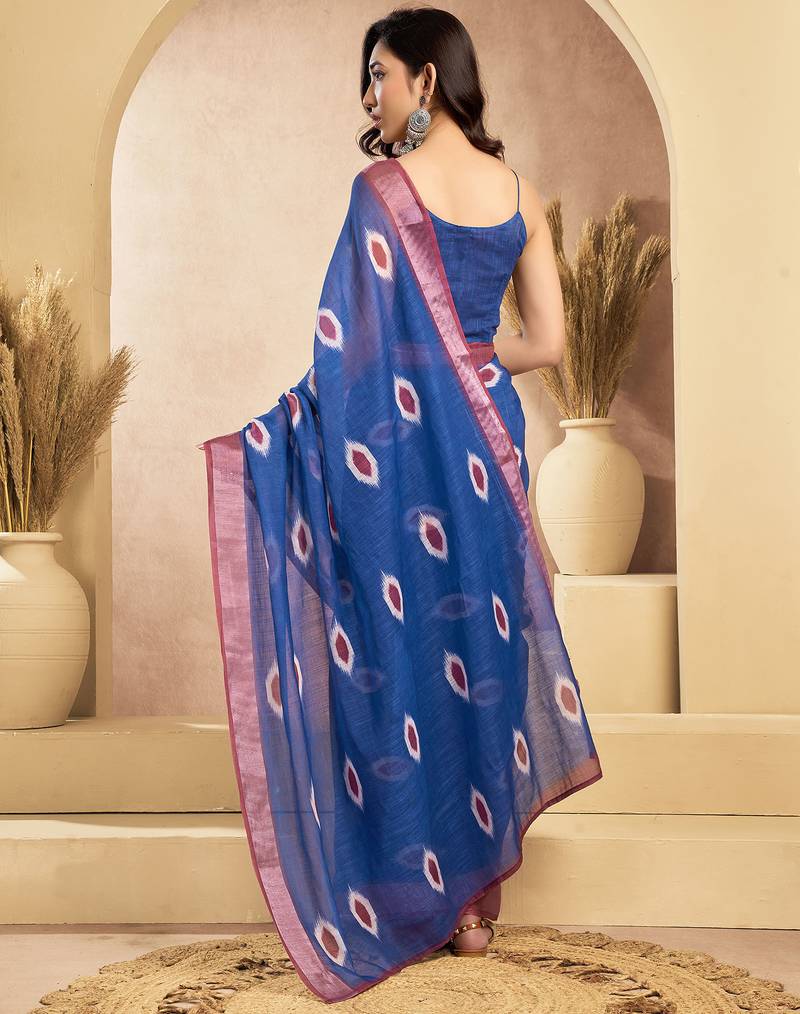 Dark blue linen motifs abstract printed ready to wear saree with pocket