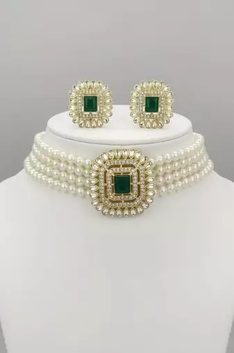 Traditional gold-plated multi-layered pearl choker Necklace :: set  & earrings indian ethnic wedding jewelry